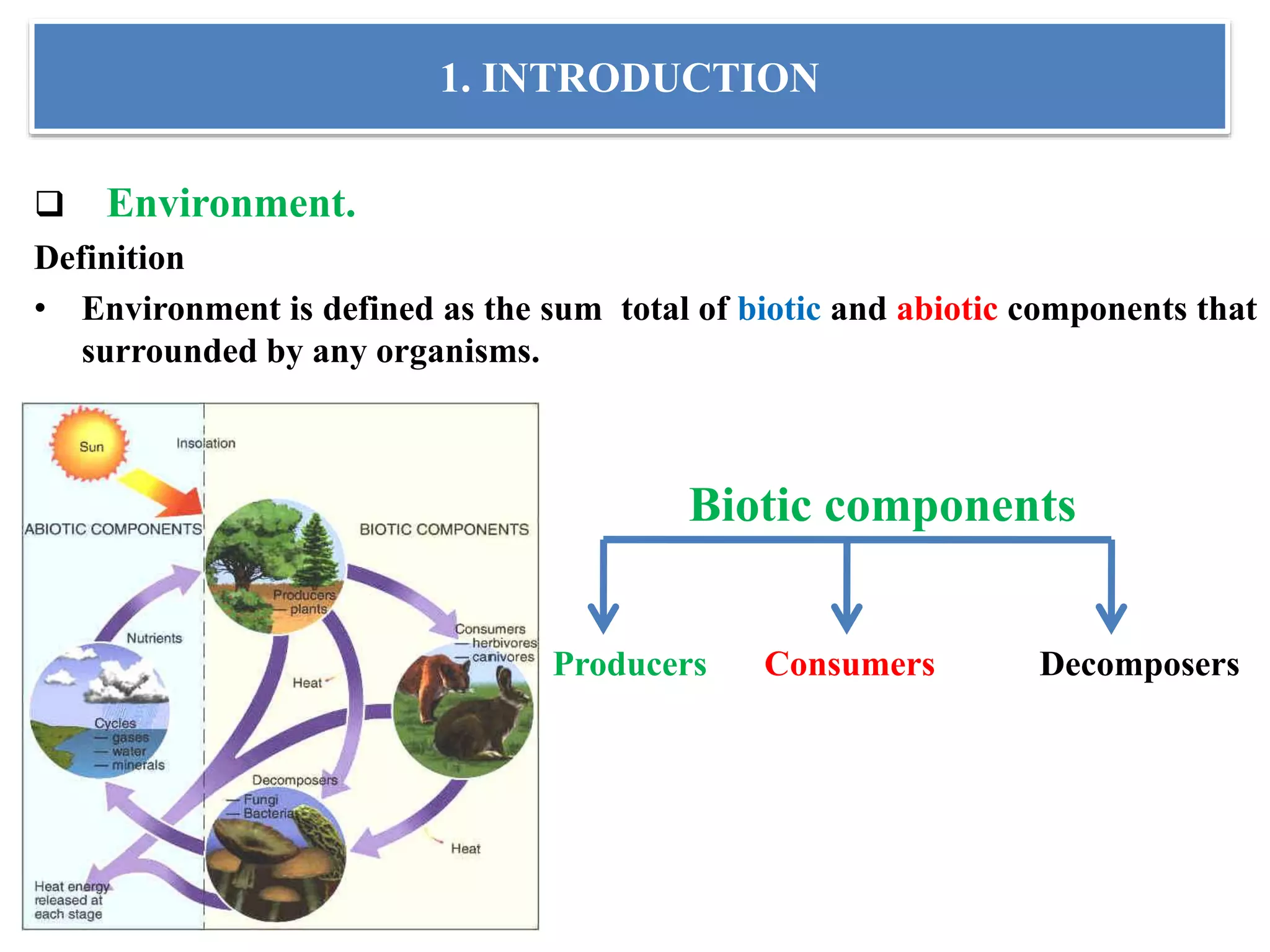  Environment.
Definition
• Environment is defined as the sum total of biotic and abiotic components that
surrounded by any organisms.
Biotic components
1. INTRODUCTION
Producers DecomposersConsumers
 