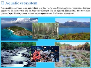  Aquatic ecosystem
An aquatic ecosystem is an ecosystem in a body of water. Communities of organisms that are
dependent on each other and on their environment live in aquatic ecosystems. The two main
types of aquatic ecosystems are marine ecosystems and fresh water ecosystems.
 