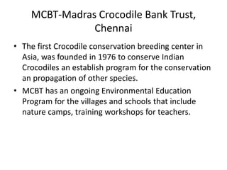 MCBT-Madras Crocodile Bank Trust,
Chennai
• The first Crocodile conservation breeding center in
Asia, was founded in 1976 to conserve Indian
Crocodiles an establish program for the conservation
an propagation of other species.
• MCBT has an ongoing Environmental Education
Program for the villages and schools that include
nature camps, training workshops for teachers.
 