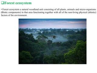 Forest ecosystem
• Forest ecosystem a natural woodland unit consisting of all plants, animals and micro-organisms
(Biotic components) in that area functioning together with all of the non-living physical (abiotic)
factors of the environment.
 