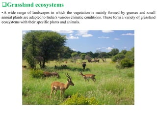 Grassland ecosystems
• A wide range of landscapes in which the vegetation is mainly formed by grasses and small
annual plants are adapted to India’s various climatic conditions. These form a variety of grassland
ecosystems with their specific plants and animals.
 