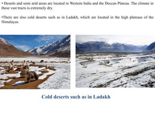 • Deserts and semi arid areas are located in Western India and the Deccan Plateau. The climate in
these vast tracts is extremely dry.
•There are also cold deserts such as in Ladakh, which are located in the high plateaus of the
Himalayas.
Cold deserts such as in Ladakh
 