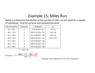 Example 15: Miles Run
Class Boundaries Frequency x, Midpoint f∙x
5.5 – 10.5 1 (5.5+10.5)/2 = 8 1∙8 = 8
10.5 – 15.5 2 (10.5+15.5)/2 = 13 2∙13 = 26
15.5 – 20.5 3 (15.5+20.5)/2 = 18 3∙18 = 54
20.5 – 25.5 5 (20.5+25.5)/2 = 23 5∙23 = 115
25.5 – 30.5 4 (25.5+30.5)/2 = 28
30.5 – 35.5 3 (30.5+35.5)/2 = 33
35.5 – 40.5 2 (35.5+40.5)/2 = 38
= ∑ 
  = 20
Below is a frequency distribution of the number of miles run per week for a sample
of individuals. Find the variance and standard deviation
: =
∑( · ) 
  − ∑( · ) 
 
( − 1)
 