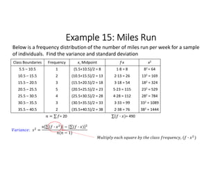 Example 15: Miles Run
Class Boundaries Frequency x, Midpoint f∙x x2
5.5 – 10.5 1 (5.5+10.5)/2 = 8 1∙8 = 8 82 = 64
10.5 – 15.5 2 (10.5+15.5)/2 = 13 2∙13 = 26 132 = 169
15.5 – 20.5 3 (15.5+20.5)/2 = 18 3∙18 = 54 182 = 324
20.5 – 25.5 5 (20.5+25.5)/2 = 23 5∙23 = 115 232 = 529
25.5 – 30.5 4 (25.5+30.5)/2 = 28 4∙28 = 112 282 = 784
30.5 – 35.5 3 (30.5+35.5)/2 = 33 3∙33 = 99 332 = 1089
35.5 – 40.5 2 (35.5+40.5)/2 = 38 2∙38 = 76 382 = 1444
= ∑ 
  = 20 ∑( · ) 
  = 490
Below is a frequency distribution of the number of miles run per week for a sample
of individuals. Find the variance and standard deviation
: =
∑( · ) 
  − ∑( · ) 
 
( − 1)
, ( · )
 
