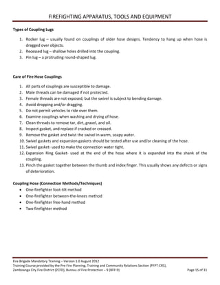 Volunteer Fire Brigade Training Module 3 firefighting apparatus, tools ...