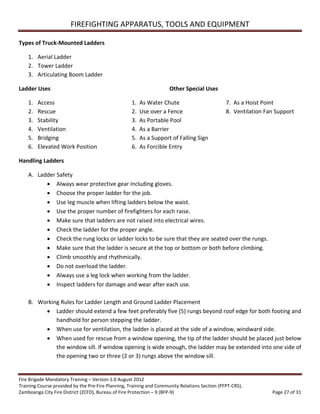 Volunteer Fire Brigade Training Module 3 firefighting apparatus, tools ...