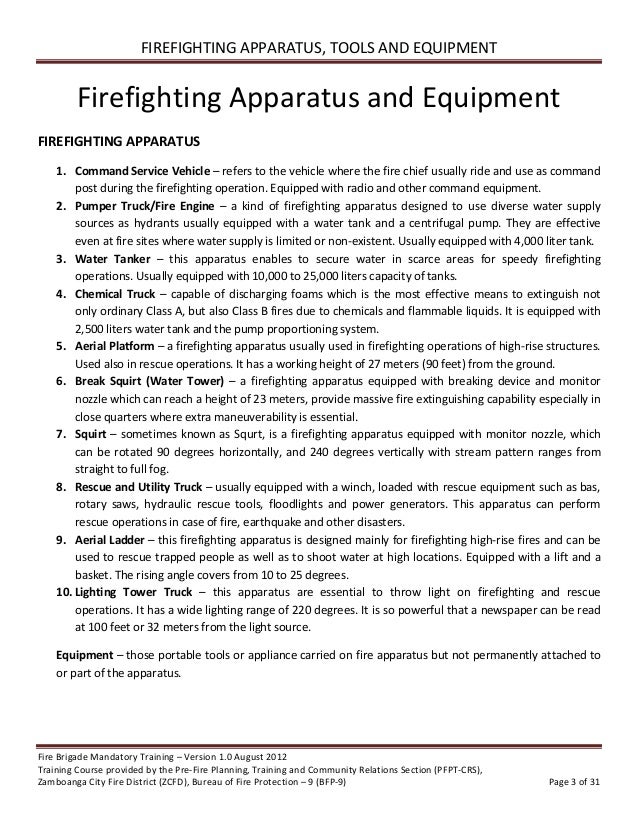 Volunteer Fire Brigade Training Module 3 firefighting apparatus, tool…