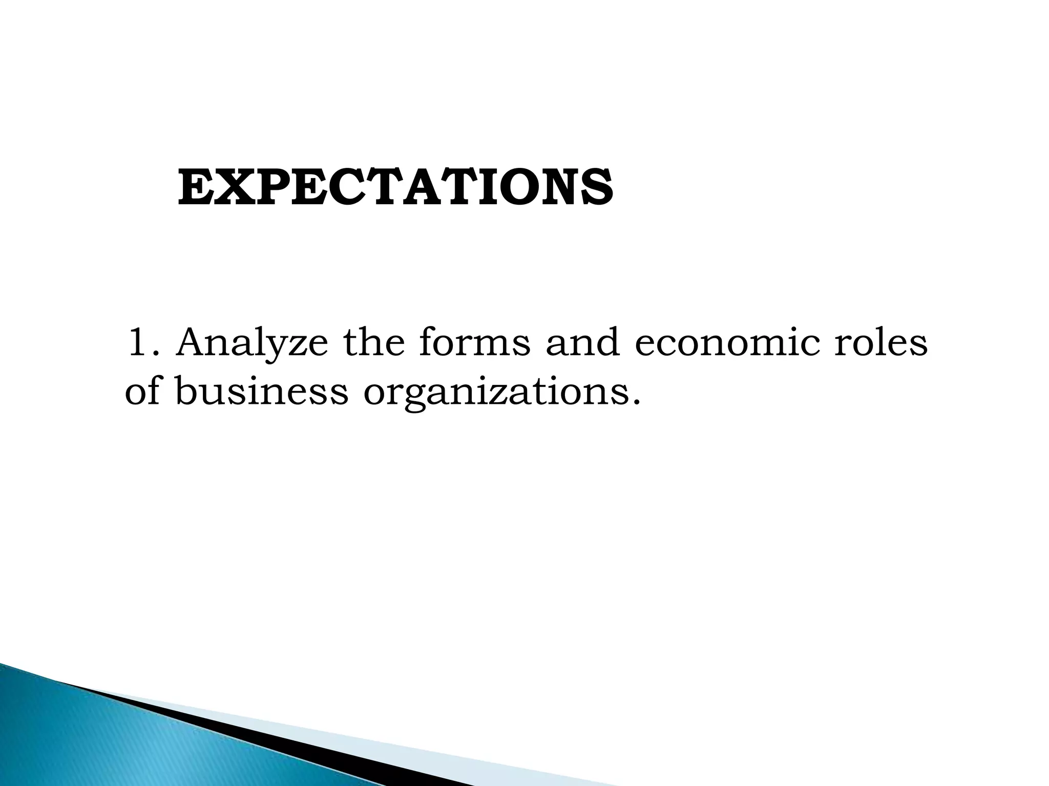 EXPECTATIONS
1. Analyze the forms and economic roles
of business organizations.
 