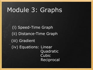 Module 3: Graphs

 (i) Speed-Time Graph
 (ii) Distance-Time Graph
 (iii) Gradient
 (iv) Equations: Linear
                 Quadratic
                 Cubic
                 Reciprocal
 