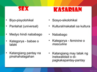 Sex Kasarian
• Panlahat (universal)
• Medyo hindi nababago
• Kategorya - babae o
lalaki
• Katangiang pantay na
pinahahalagahan
• Kultural/nakatali sa kultura
• Nababago
• Kategorya - feminine o
masculine
• Katangiang may tatak ng
inekwalidad o di-
pagkakapantay-pantay
• Biyo-pisyolohikal • Sosyo-sikolohikal
 