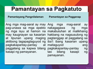 Pamantayan sa Pagkatuto
Pamantayang Pangnilalaman Pamantayan sa Pagganap
Ang mga mag-aaral ay may
pag-unawa sa mga epekto
ng mga isyu at hamon na
may kaugnayan sa kasarian
at lipunan upang maging
aktibong tagapagtaguyod ng
pagkakapantay-pantay at
paggalang sa kapwa bilang
kasapi ng pamayanan.
Ang mga mag-aaral ay
nakagagawa ng mga
makabuluhan at malikhaing
hakbang na nagsusulong ng
pagtanggap at paggalang sa
iba’t ibang kasarian upang
maitaguyod ang
pagkakapantay-pantay ng
tao bilang kasapi ng
pamayanan.
 