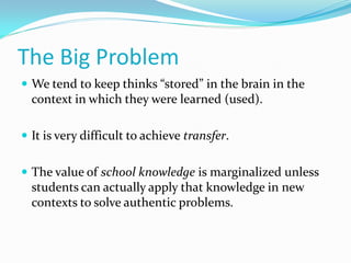 The Big Problem
 We tend to keep thinks “stored” in the brain in the
context in which they were learned (used).
 It is very difficult to achieve transfer.
 The value of school knowledge is marginalized unless
students can actually apply that knowledge in new
contexts to solve authentic problems.
 