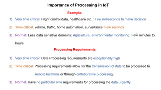 Importance of Processing in IoT
1) Very time critical: Flight control data, healthcare etc. : Few milliseconds to make decision
2) Time critical: vehicle, traffic, home automation, surveillance: Few seconds
3) Normal: Less data sensitive domains: Agriculture, environmental monitoring: Few minutes to
hours
1) Very time critical: Data Processing requirements are exceptionally high
2) Time critical: Processing requirements allow for the transmission of data to be processed to
remote locations or through collaborative processing.
3) Normal: Have no particular time requirements for processing the data urgently.
Processing Requirements
Example
 