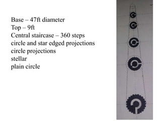 Base – 47ft diameter
Top – 9ft
Central staircase – 360 steps
circle and star edged projections
circle projections
stellar
plain circle
 