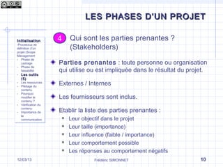 Parties prenantes : toute personne ou organisation
qui utilise ou est impliquée dans le résultat du projet.
Externes / Internes
Les fournisseurs sont inclus.
Etablir la liste des parties prenantes :
 Leur objectif dans le projet
 Leur taille (importance)
 Leur influence (faible / importance)
 Leur comportement possible
 Les réponses aux comportements négatifs
(Stakeholders)44
LES PHASES D’UN PROJETLES PHASES D’UN PROJET
Frédéric SIMONNET 1017/09/13
InitialisationInitialisation
-Processus de
définition d’un
projet (Scope
Management
- Phase de
cadrage
- Phase de
faisabilité
- Les outilsLes outils
(5)(5)
- Les ressources
- Pilotage du
contenu
- Pourquoi
modifier le
contenu ?
- Vérification du
contenu
- Importance de
la
communication
InitialisationInitialisation
-Processus de
définition d’un
projet (Scope
Management
- Phase de
cadrage
- Phase de
faisabilité
- Les outilsLes outils
(5)(5)
- Les ressources
- Pilotage du
contenu
- Pourquoi
modifier le
contenu ?
- Vérification du
contenu
- Importance de
la
communication
Qui sont les parties prenantes ?
(Stakeholders)
 