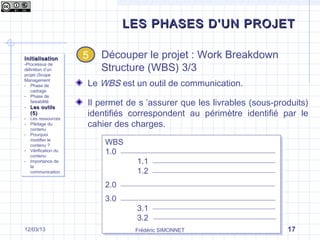 Le WBS est un outil de communication.
Il permet de s ’assurer que les livrables (sous-produits)
identifiés correspondent au périmètre identifié par le
cahier des charges.
WBS
1.0
1.1
1.2
2.0
3.0
3.1
3.2
WBS
1.0
1.1
1.2
2.0
3.0
3.1
3.2
LES PHASES D’UN PROJETLES PHASES D’UN PROJET
Frédéric SIMONNET 1717/09/13
InitialisationInitialisation
-Processus de
définition d’un
projet (Scope
Management
- Phase de
cadrage
- Phase de
faisabilité
- Les outilsLes outils
(5)(5)
- Les ressources
- Pilotage du
contenu
- Pourquoi
modifier le
contenu ?
- Vérification du
contenu
- Importance de
la
communication
InitialisationInitialisation
-Processus de
définition d’un
projet (Scope
Management
- Phase de
cadrage
- Phase de
faisabilité
- Les outilsLes outils
(5)(5)
- Les ressources
- Pilotage du
contenu
- Pourquoi
modifier le
contenu ?
- Vérification du
contenu
- Importance de
la
communication
55 Découper le projet : Work Breakdown
Structure (WBS) 3/3
 