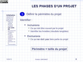 Identifier :
 Inclusions
 Ce qui doit être couvert par le projet
 Identifier les livrables (résultats tangibles)
 Exclusions
 Ce qui ne doit pas faire partie du projet
Périmètre = taille du projet
33
LES PHASES D’UN PROJETLES PHASES D’UN PROJET
Frédéric SIMONNET 817/09/13
InitialisationInitialisation
-Processus de
définition d’un
projet (Scope
Management
- Phase de
cadrage
- Phase de
faisabilité
- Les outilsLes outils
(5)(5)
- Les ressources
- Pilotage du
contenu
- Pourquoi
modifier le
contenu ?
- Vérification du
contenu
- Importance de
la
communication
InitialisationInitialisation
-Processus de
définition d’un
projet (Scope
Management
- Phase de
cadrage
- Phase de
faisabilité
- Les outilsLes outils
(5)(5)
- Les ressources
- Pilotage du
contenu
- Pourquoi
modifier le
contenu ?
- Vérification du
contenu
- Importance de
la
communication
Définir le périmètre du projet
 