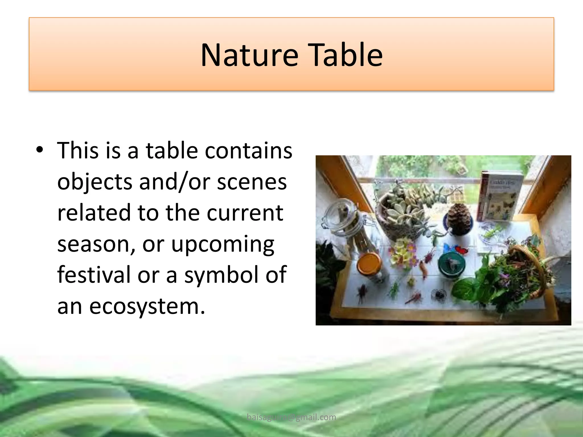 Nature Table
• This is a table contains
objects and/or scenes
related to the current
season, or upcoming
festival or a symbol of
an ecosystem.
baisaguira@gmail.com
 
