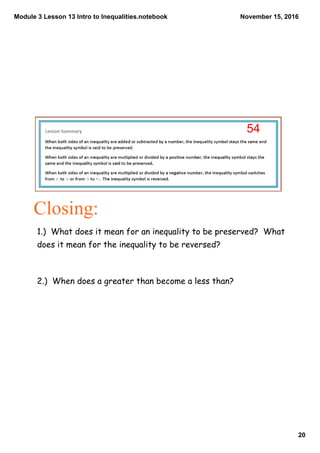 Module 3 lesson 13 intro to inequalities | PDF