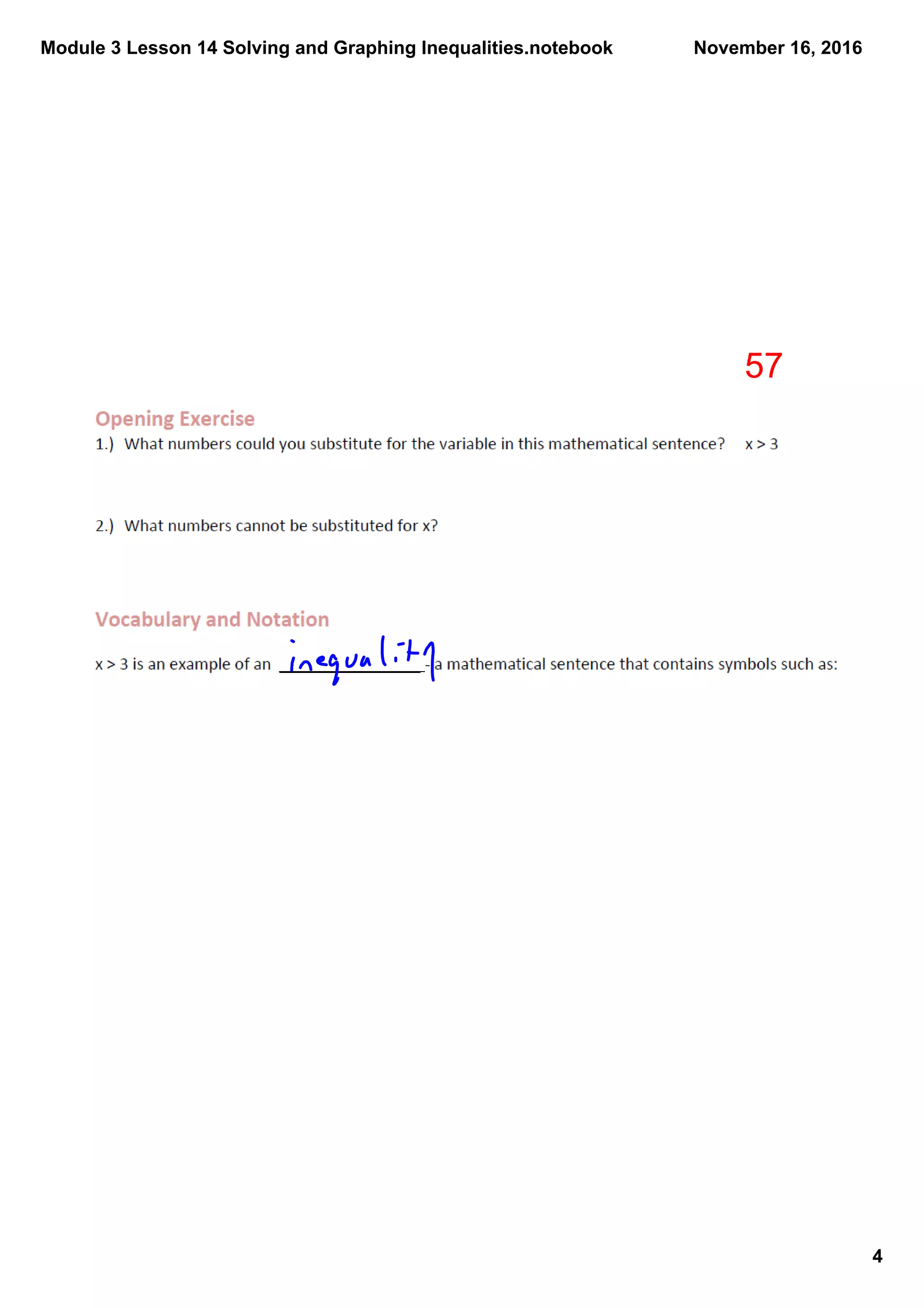 Module 3 Lesson 14 Solving and Graphing Inequalities.notebook
4
November 16, 2016
57