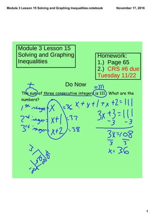Module 3 Lesson 15 Solving and Graphing Inequalities.notebook
1
November 17, 2016
Module 3 Lesson 15
Solving and Graphing
Inequalities
Homework:
1.) Page 65
2.) CRS #6 due
Tuesday 11/22
Do Now
The sum of three consecutive integers is 111. What are the
numbers?
 