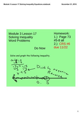 Module 3 Lesson 17 Solving Inequality Equations.notebook
1
November 21, 2016
Homework:
1.) Page 73
#5-8 all
2.) CRS #6
due 11/22
Module 3 Lesson 17
Solving Inequality
Word Problems
Do Now
Solve and graph the following inequality.
-3x + 6 > -9
 