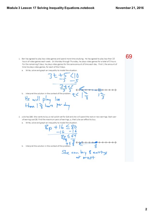 Module 3 lesson 17 solving inequality equations