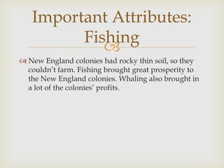 Important Attributes:
Fishing

 New England colonies had rocky thin soil, so they
couldn’t farm. Fishing brought great prosperity to
the New England colonies. Whaling also brought in
a lot of the colonies’ profits.

 