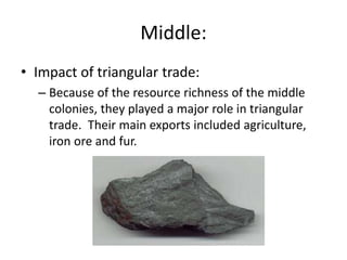 Middle:
• Impact of triangular trade:
– Because of the resource richness of the middle
colonies, they played a major role in triangular
trade. Their main exports included agriculture,
iron ore and fur.
 
