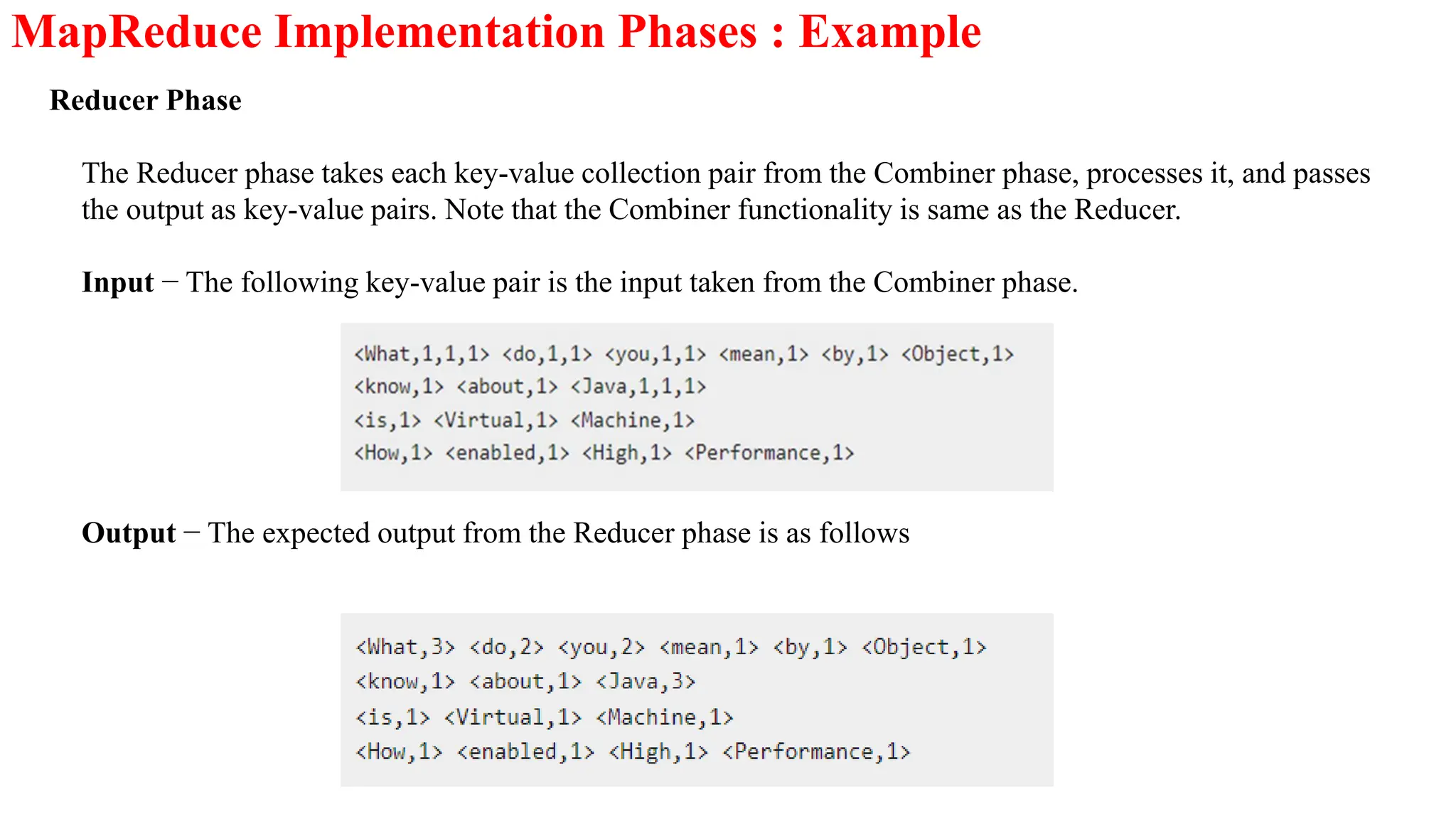MapReduce Implementation Phases : Example
The Reducer phase takes each key-value collection pair from the Combiner phase, processes it, and passes
the output as key-value pairs. Note that the Combiner functionality is same as the Reducer.
Input − The following key-value pair is the input taken from the Combiner phase.
Output − The expected output from the Reducer phase is as follows
Reducer Phase
 