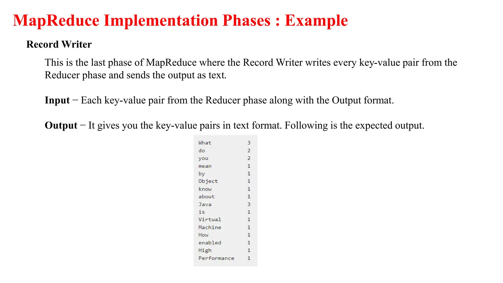 MapReduce Implementation Phases : Example
Record Writer
This is the last phase of MapReduce where the Record Writer writes every key-value pair from the
Reducer phase and sends the output as text.
Input − Each key-value pair from the Reducer phase along with the Output format.
Output − It gives you the key-value pairs in text format. Following is the expected output.
 