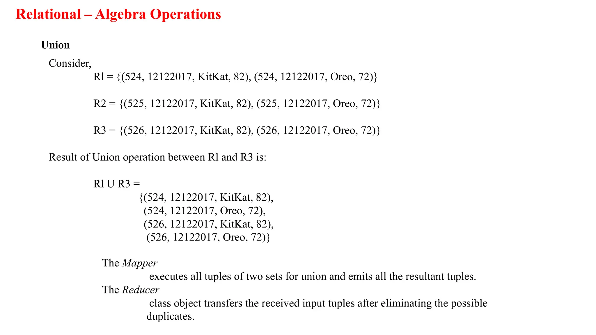 Relational – Algebra Operations
Union
Consider,
Rl = {(524, 12122017, KitKat, 82), (524, 12122017, Oreo, 72)}
R2 = {(525, 12122017, KitKat, 82), (525, 12122017, Oreo, 72)}
R3 = {(526, 12122017, KitKat, 82), (526, 12122017, Oreo, 72)}
Result of Union operation between Rl and R3 is:
Rl U R3 =
{(524, 12122017, KitKat, 82),
(524, 12122017, Oreo, 72),
(526, 12122017, KitKat, 82),
(526, 12122017, Oreo, 72)}
The Mapper
executes all tuples of two sets for union and emits all the resultant tuples.
The Reducer
class object transfers the received input tuples after eliminating the possible
duplicates.
 