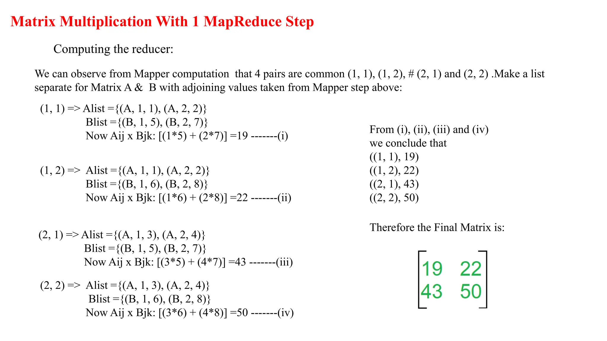 Matrix Multiplication With 1 MapReduce Step
Computing the reducer:
We can observe from Mapper computation that 4 pairs are common (1, 1), (1, 2), # (2, 1) and (2, 2) .Make a list
separate for Matrix A & B with adjoining values taken from Mapper step above:
(1, 1) => Alist ={(A, 1, 1), (A, 2, 2)}
Blist ={(B, 1, 5), (B, 2, 7)}
Now Aij x Bjk: [(1*5) + (2*7)] =19 -------(i)
(1, 2) => Alist ={(A, 1, 1), (A, 2, 2)}
Blist ={(B, 1, 6), (B, 2, 8)}
Now Aij x Bjk: [(1*6) + (2*8)] =22 -------(ii)
(2, 1) => Alist ={(A, 1, 3), (A, 2, 4)}
Blist ={(B, 1, 5), (B, 2, 7)}
Now Aij x Bjk: [(3*5) + (4*7)] =43 -------(iii)
(2, 2) => Alist ={(A, 1, 3), (A, 2, 4)}
Blist ={(B, 1, 6), (B, 2, 8)}
Now Aij x Bjk: [(3*6) + (4*8)] =50 -------(iv)
From (i), (ii), (iii) and (iv)
we conclude that
((1, 1), 19)
((1, 2), 22)
((2, 1), 43)
((2, 2), 50)
Therefore the Final Matrix is:
 