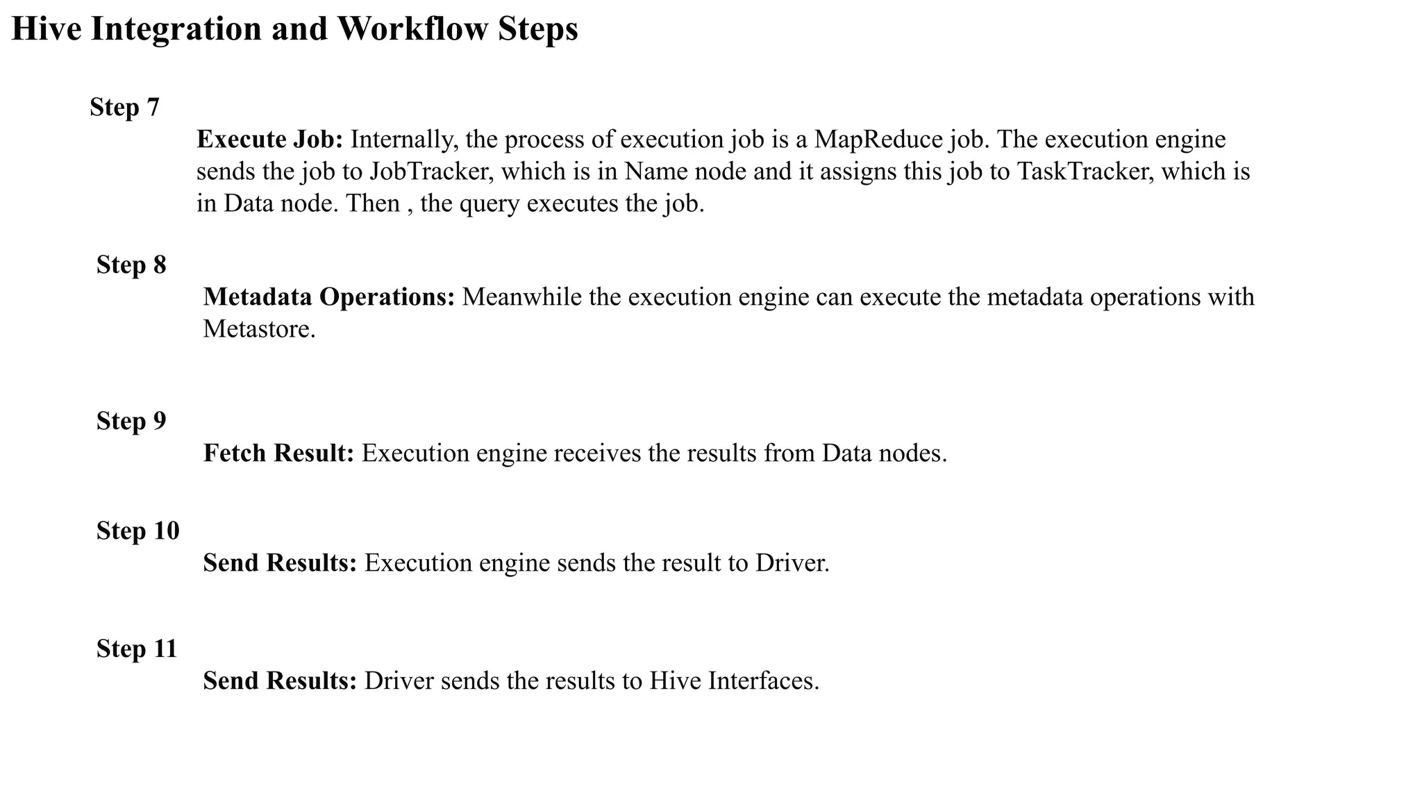 Hive Integration and Workflow Steps
Step 7
Execute Job: Internally, the process of execution job is a MapReduce job. The execution engine
sends the job to JobTracker, which is in Name node and it assigns this job to TaskTracker, which is
in Data node. Then , the query executes the job.
Step 8
Metadata Operations: Meanwhile the execution engine can execute the metadata operations with
Metastore.
Step 9
Fetch Result: Execution engine receives the results from Data nodes.
Step 10
Send Results: Execution engine sends the result to Driver.
Step 11
Send Results: Driver sends the results to Hive Interfaces.
 