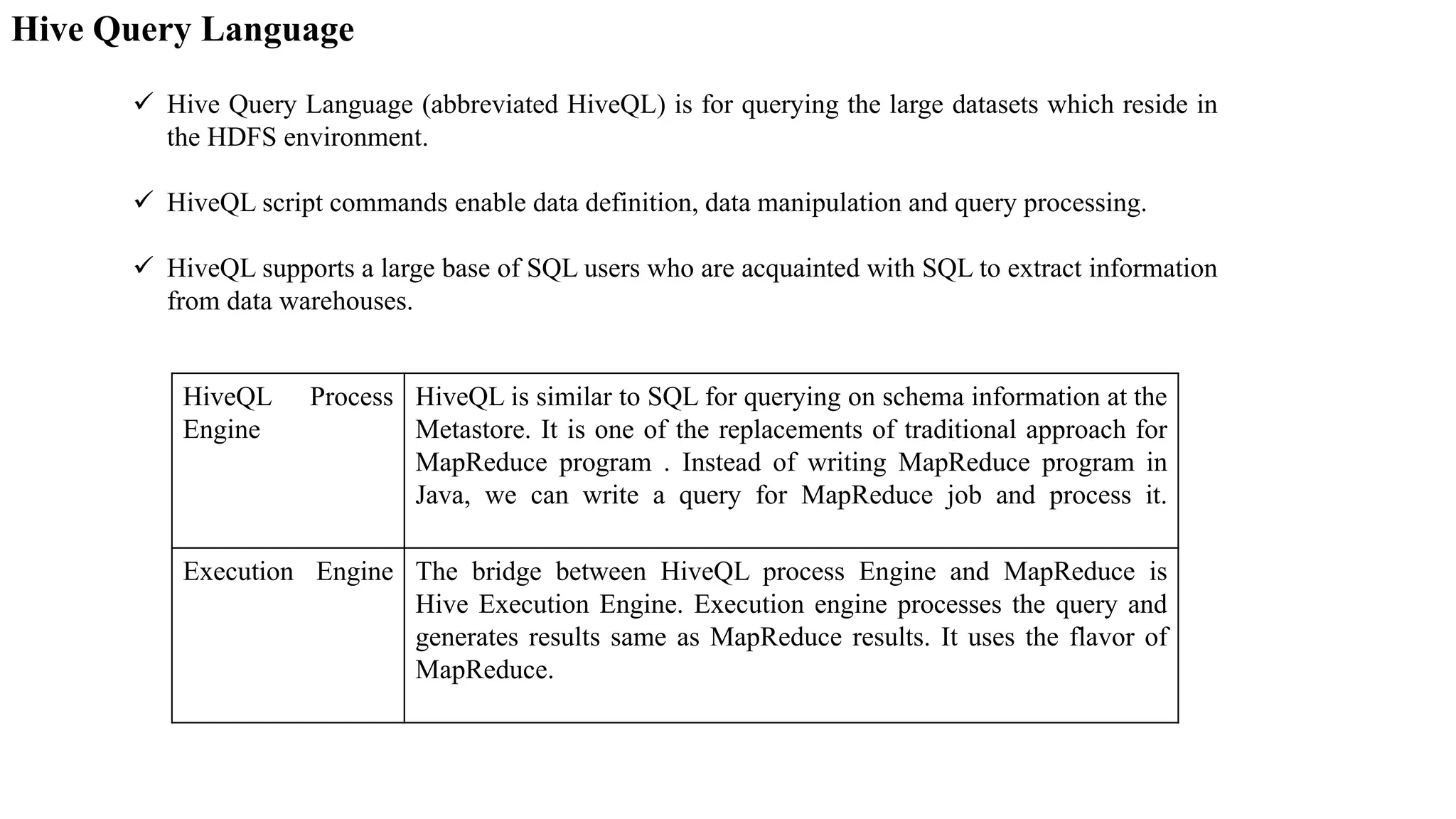  Hive Query Language (abbreviated HiveQL) is for querying the large datasets which reside in
the HDFS environment.
 HiveQL script commands enable data definition, data manipulation and query processing.
 HiveQL supports a large base of SQL users who are acquainted with SQL to extract information
from data warehouses.
Hive Query Language
HiveQL Process
Engine
HiveQL is similar to SQL for querying on schema information at the
Metastore. It is one of the replacements of traditional approach for
MapReduce program . Instead of writing MapReduce program in
Java, we can write a query for MapReduce job and process it.
Execution Engine The bridge between HiveQL process Engine and MapReduce is
Hive Execution Engine. Execution engine processes the query and
generates results same as MapReduce results. It uses the flavor of
MapReduce.
 