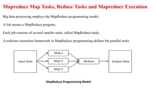 Mapreduce Map Tasks, Reduce Tasks and Mapreduce Execution
Big data processing employs the MapReduce programming model.
A Job means a MapReduce program.
Each job consists of several smaller units, called MapReduce tasks.
A software execution framework in MapReduce programming defines the parallel tasks.
MapReduce Programming Model
 