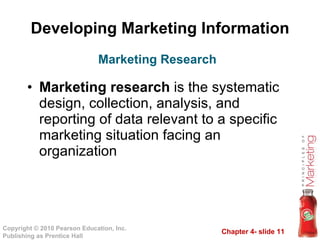 Developing Marketing Information Marketing research  is the systematic design, collection, analysis, and reporting of data relevant to a specific marketing situation facing an organization Marketing Research 