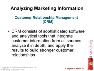 Analyzing Marketing Information CRM consists of sophisticated software and analytical tools that integrate customer information from all sources, analyze it in depth, and apply the results to build stronger customer relationships Customer Relationship Management (CRM) 
