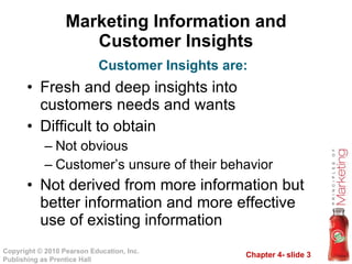Marketing Information and Customer Insights Fresh and deep insights into customers needs and wants Difficult to obtain Not obvious Customer’s unsure of their behavior Not derived from more information but better information and more effective use of existing information Customer Insights are: 