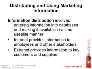 Distributing and Using Marketing Information Information distribution  involves entering information into databases and making it available in a time-useable manner Intranet provides information to employees and other stakeholders Extranet provides information to key customers and suppliers 