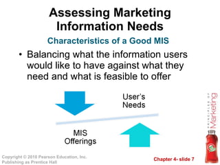Assessing Marketing Information Needs Balancing what the information users would like to have against what they need and what is feasible to offer  Characteristics of a Good MIS 