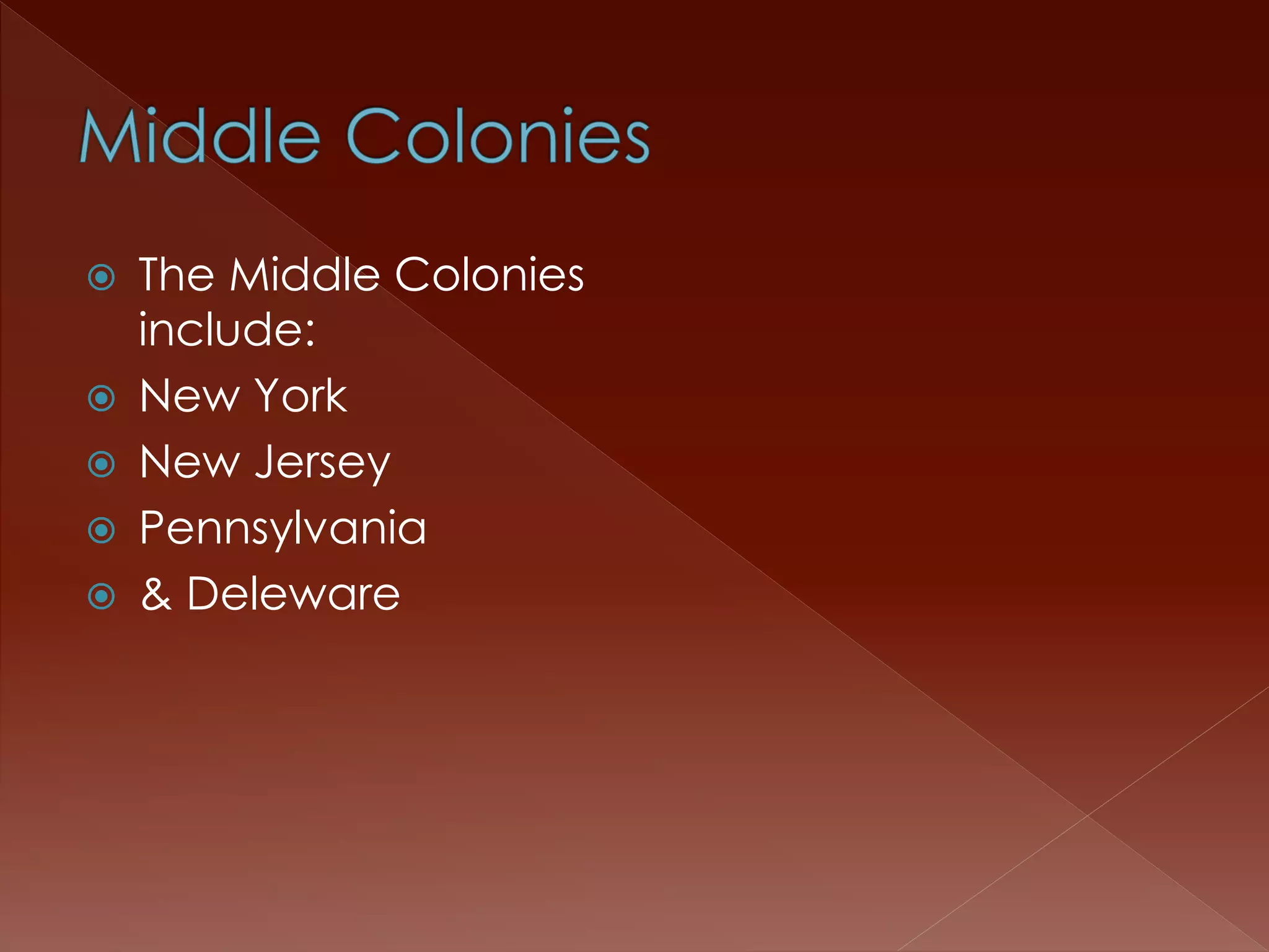  The Middle Colonies 
include: 
 New York 
 New Jersey 
 Pennsylvania 
 & Deleware 
 