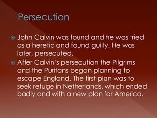  John Calvin was found and he was tried 
as a heretic and found guilty. He was 
later, persecuted. 
 After Calvin’s persecution the Pilgrims 
and the Puritans began planning to 
escape England. The first plan was to 
seek refuge in Netherlands, which ended 
badly and with a new plan for America. 
 