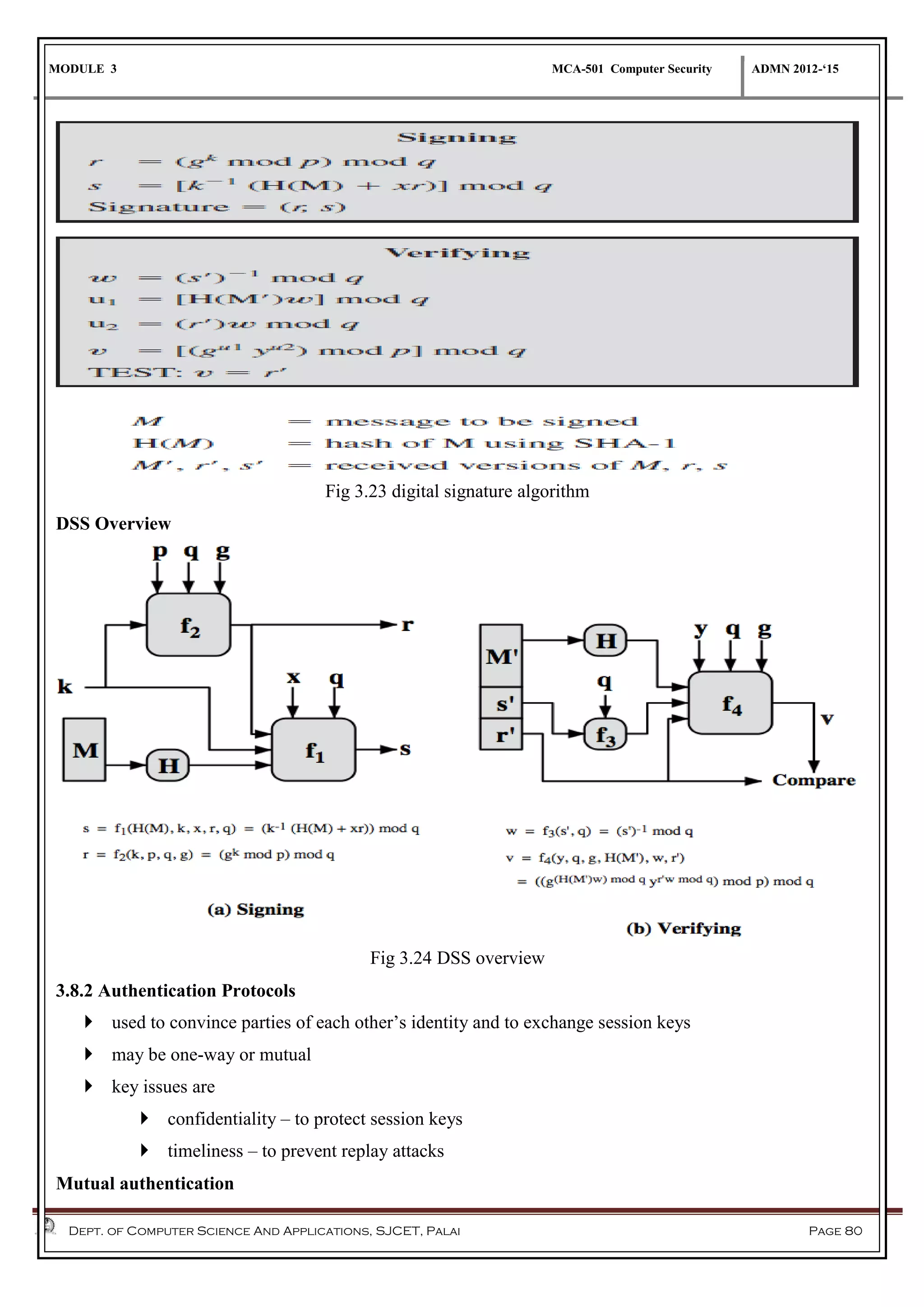 MODULE 3 MCA-501 Computer Security ADMN 2012-‘15
Dept. of Computer Science And Applications, SJCET, Palai Page 80
Fig 3.23 digital signature algorithm
DSS Overview
Fig 3.24 DSS overview
3.8.2 Authentication Protocols
 used to convince parties of each other’s identity and to exchange session keys
 may be one-way or mutual
 key issues are
 confidentiality – to protect session keys
 timeliness – to prevent replay attacks
Mutual authentication
 