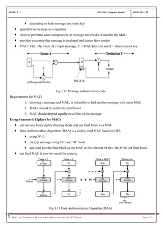 MODULE 3 MCA-501 Computer Security ADMN 2012-‘15
Dept. of Computer Science And Applications, SJCET, Palai Page 70
 depending on both message and some key
 appended to message as a signature
 receiver performs same computation on message and checks it matches the MAC
 provides assurance that message is unaltered and comes from sender
 MAC= C(K, M), where M = input message, C = MAC function and K = shared secret key
Fig 3.12 Message authentication code
Requirements for MACs
1. knowing a message and MAC, is infeasible to find another message with same MAC
2. MACs should be uniformly distributed
3. MAC should depend equally on all bits of the message
Using Symmetric Ciphers for MACs
 can use any block cipher chaining mode and use final block as a MAC
 Data Authentication Algorithm (DAA) is a widely used MAC based on DES
 using IV=0
 encrypt message using DES in CBC mode
 and send just the final block as the MAC or the leftmost M bits (16≤M≤64) of final block
 but final MAC is now too small for security
Fig 3.13 Data Authentication Algorithm (DAA)
 