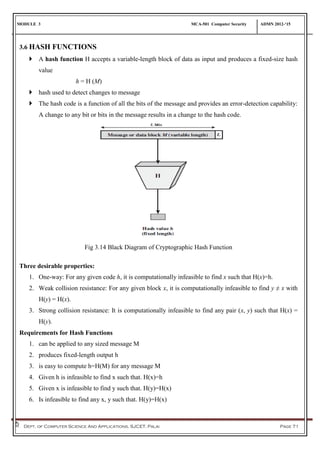 MODULE 3 MCA-501 Computer Security ADMN 2012-‘15
Dept. of Computer Science And Applications, SJCET, Palai Page 71
3.6 HASH FUNCTIONS
 A hash function H accepts a variable-length block of data as input and produces a fixed-size hash
value
h = H (M)
 hash used to detect changes to message
 The hash code is a function of all the bits of the message and provides an error-detection capability:
A change to any bit or bits in the message results in a change to the hash code.
Fig 3.14 Black Diagram of Cryptographic Hash Function
Three desirable properties:
1. One-way: For any given code h, it is computationally infeasible to find x such that H(x)=h.
2. Weak collision resistance: For any given block x, it is computationally infeasible to find y ≠ x with
H(y) = H(x).
3. Strong collision resistance: It is computationally infeasible to find any pair (x, y) such that H(x) =
H(y).
Requirements for Hash Functions
1. can be applied to any sized message M
2. produces fixed-length output h
3. is easy to compute h=H(M) for any message M
4. Given h is infeasible to find x such that. H(x)=h
5. Given x is infeasible to find y such that. H(y)=H(x)
6. Is infeasible to find any x, y such that. H(y)=H(x)
 