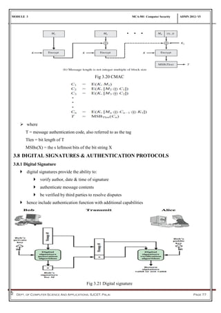 MODULE 3 MCA-501 Computer Security ADMN 2012-‘15
Dept. of Computer Science And Applications, SJCET, Palai Page 77
Fig 3.20 CMAC
 where
T = message authentication code, also referred to as the tag
Tlen = bit length of T
MSBs(X) = the s leftmost bits of the bit string X
3.8 DIGITAL SIGNATURES & AUTHENTICATION PROTOCOLS
3.8.1 Digital Signature
 digital signatures provide the ability to:
 verify author, date & time of signature
 authenticate message contents
 be verified by third parties to resolve disputes
 hence include authentication function with additional capabilities
Fig 3.21 Digital signature
 