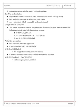 MODULE 3 MCA-501 Computer Security ADMN 2012-‘15
Dept. of Computer Science And Applications, SJCET, Palai Page 82
 timestamps prevent replay but require synchronized clocks
One-Way Authentication
 required when sender & receiver are not in communications at same time (eg. email)
 have header in clear so can be delivered by email system
 may want contents of body protected & sender authenticated
Using Symmetric Encryption
 This scheme requires the sender to issue a request to the intended recipient, await a response that
includes a session key, and only then send the message.
1. A->KDC: IDA || IDB || N1
2. KDC -> A: EKa[Ks || IDB || N1 || EKb[Ks||IDA] ]
3. A -> B: EKb[Ks||IDA] || EKs[M]
Public-Key Approaches
 have seen some public-key approaches
 if confidentiality is major concern, can use:
A->B: EPUb[Ks] || EKs[M]
 has encrypted session key, encrypted message
 if authentication needed use a digital signature with a digital certificate:
A->B: M || EPRa[H(M)] || EPRas[T||IDA||PUa]
 with message, signature, certificate
 