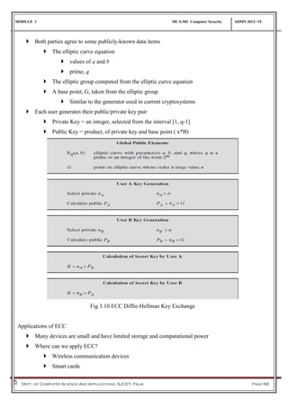 MODULE 3 MCA-501 Computer Security ADMN 2012-‘15
Dept. of Computer Science And Applications, SJCET, Palai Page 68
 Both parties agree to some publicly-known data items
 The elliptic curve equation
 values of a and b
 prime, q
 The elliptic group computed from the elliptic curve equation
 A base point, G, taken from the elliptic group
 Similar to the generator used in current cryptosystems
 Each user generates their public/private key pair
 Private Key = an integer, selected from the interval [1, q-1]
 Public Key = product, of private key and base point ( x*B)
Fig 3.10 ECC Diffie-Hellman Key Exchange
Applications of ECC
 Many devices are small and have limited storage and computational power
 Where can we apply ECC?
 Wireless communication devices
 Smart cards
 