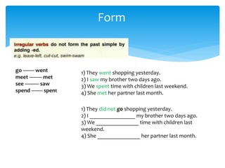 Form
go -------- went
meet --------- met
see ---------- saw
spend -------- spent
1) They went shopping yesterday.
2) I saw my brother two days ago.
3) We spent time with children last weekend.
4) She met her partner last month.
1) They did not go shopping yesterday.
2) I ________________ my brother two days ago.
3) We _______________ time with children last
weekend.
4) She _______________ her partner last month.
 